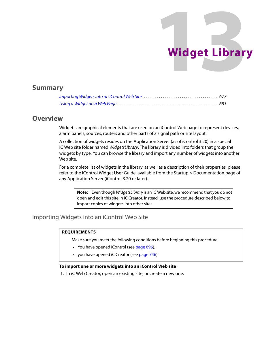 Widget library, Overview, Importing widgets into an icontrol web site | 13 widget library, Summary | Grass Valley iControl V.4.43 User Manual | Page 687 / 772