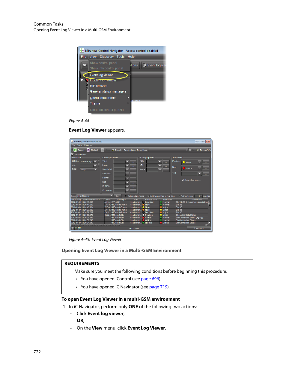 Opening event log viewer in a multi, Gsm environment | Grass Valley iControl V.4.43 User Manual | Page 732 / 772