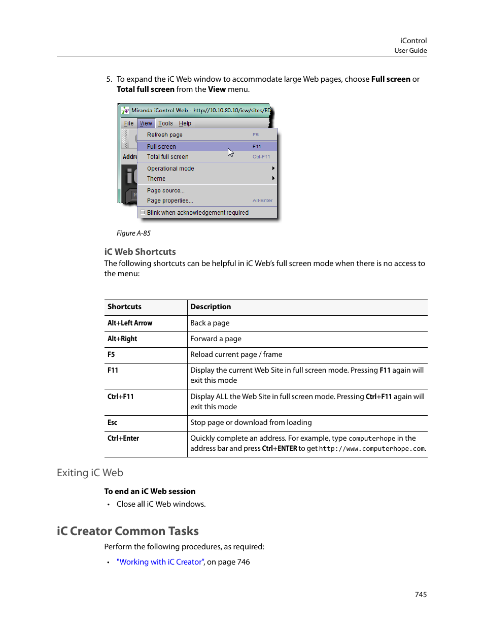 Ic web shortcuts, Exiting ic web, Ic creator common tasks | Grass Valley iControl V.4.43 User Manual | Page 755 / 772