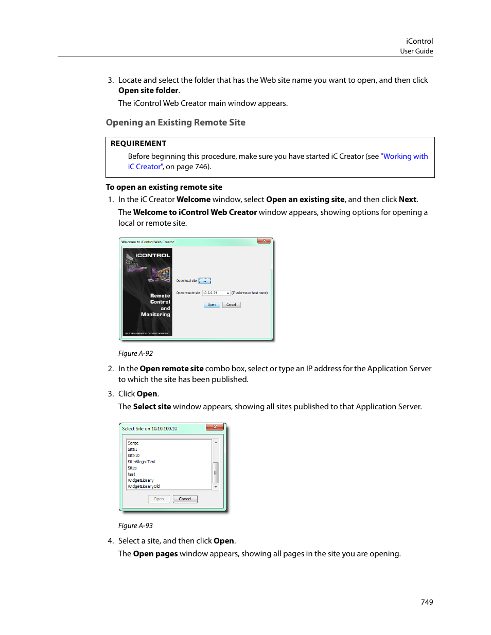 Opening an existing remote site | Grass Valley iControl V.4.43 User Manual | Page 759 / 772