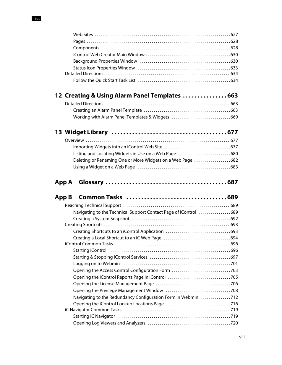12 creating & using alarm panel templates, 13 widget library, App a glossary app b common tasks | Grass Valley iControl V.4.43 User Manual | Page 8 / 772