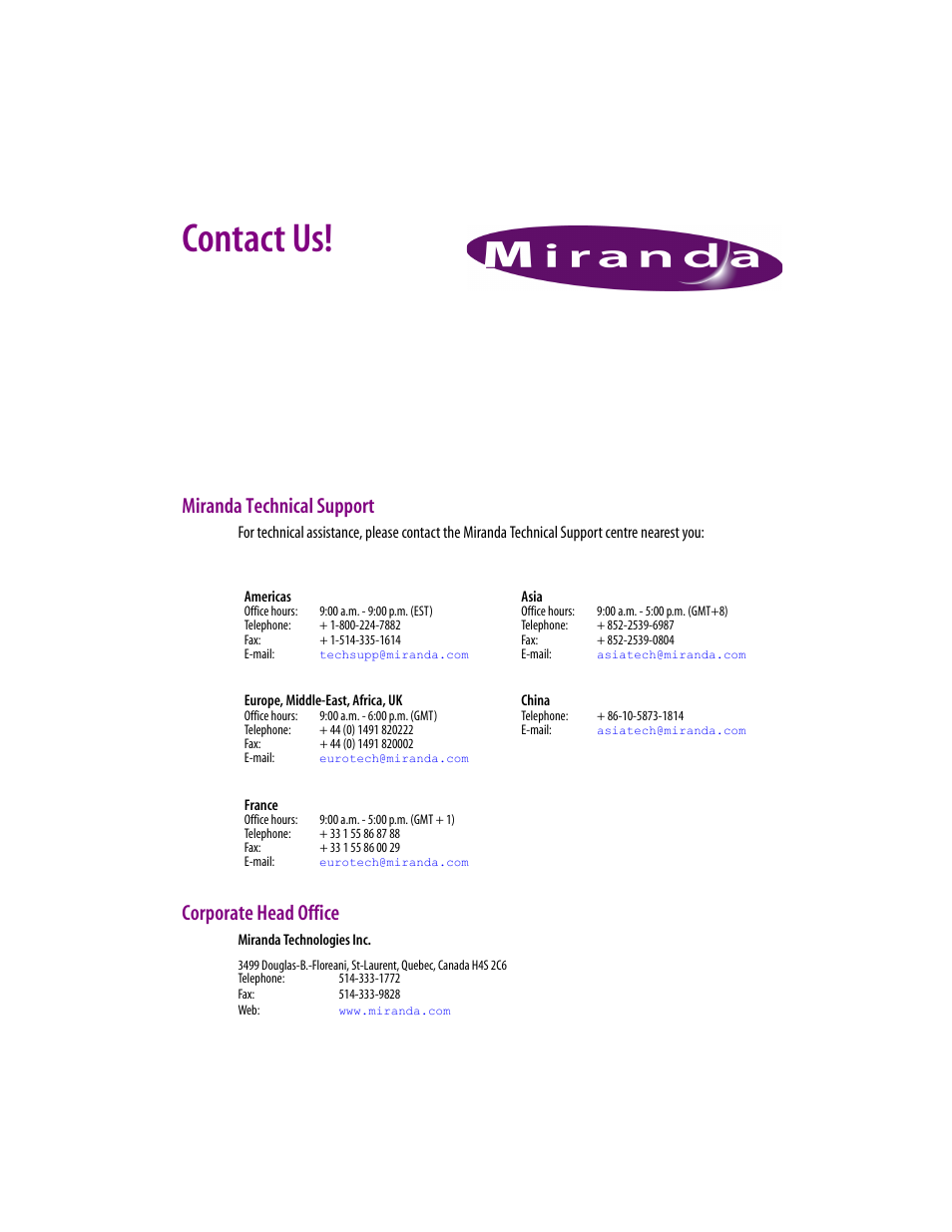 Contact us, Miranda technical support, Corporate head office | Grass Valley iControl V.4.00 User Manual | Page 17 / 17
