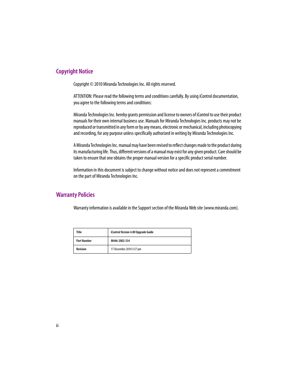 Copyright notice, Warranty policies | Grass Valley iControl V.4.00 User Manual | Page 2 / 17