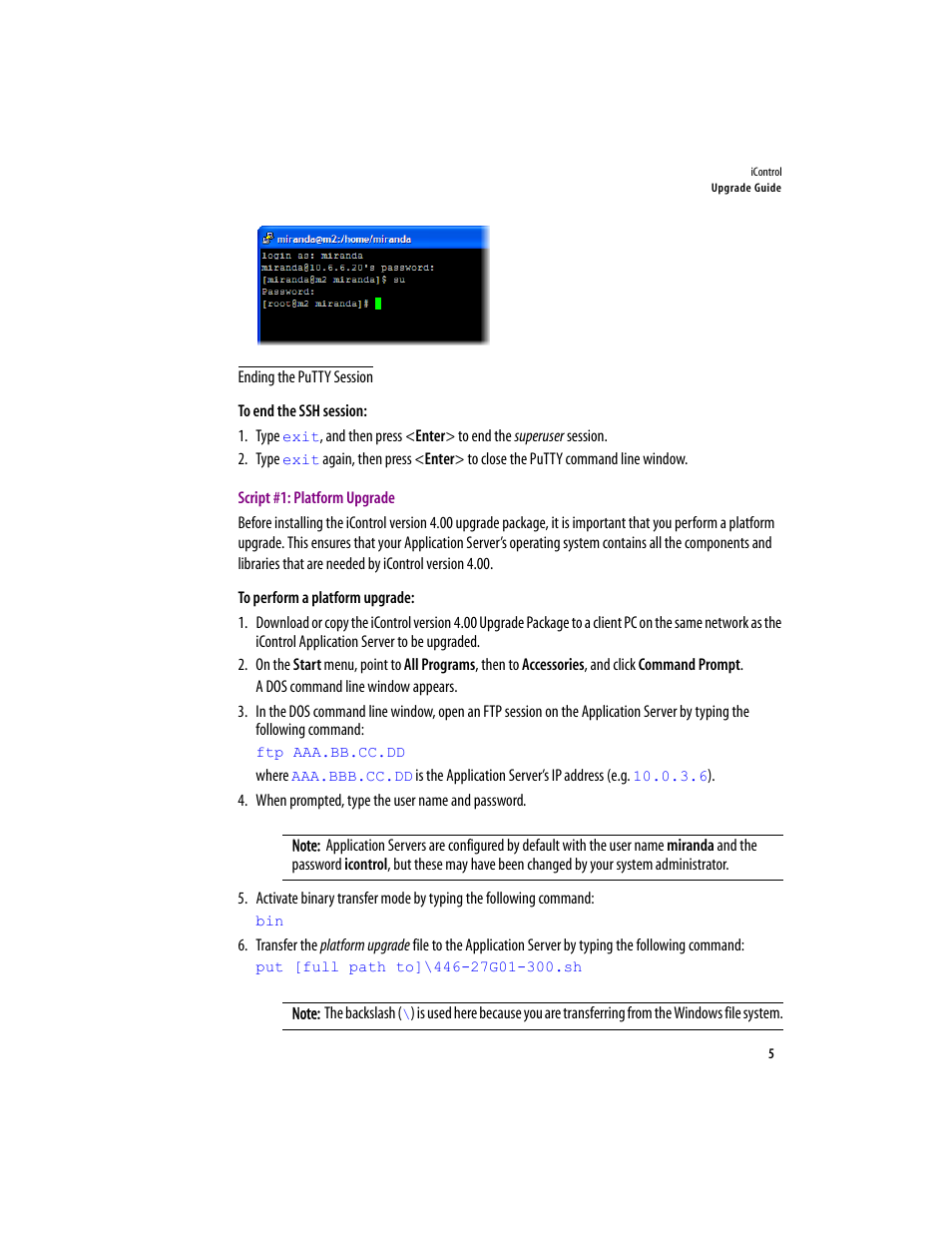 Ending the putty session, Script #1: platform upgrade | Grass Valley iControl V.4.00 User Manual | Page 9 / 17