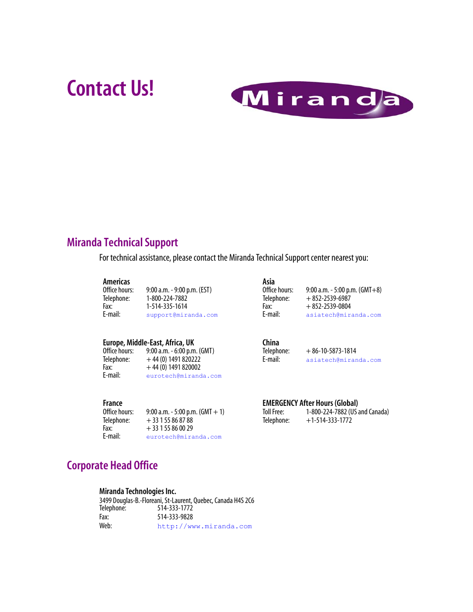 Contact us, Miranda technical support, Corporate head office | Grass Valley iControl Upgrade Guide User Manual | Page 17 / 17