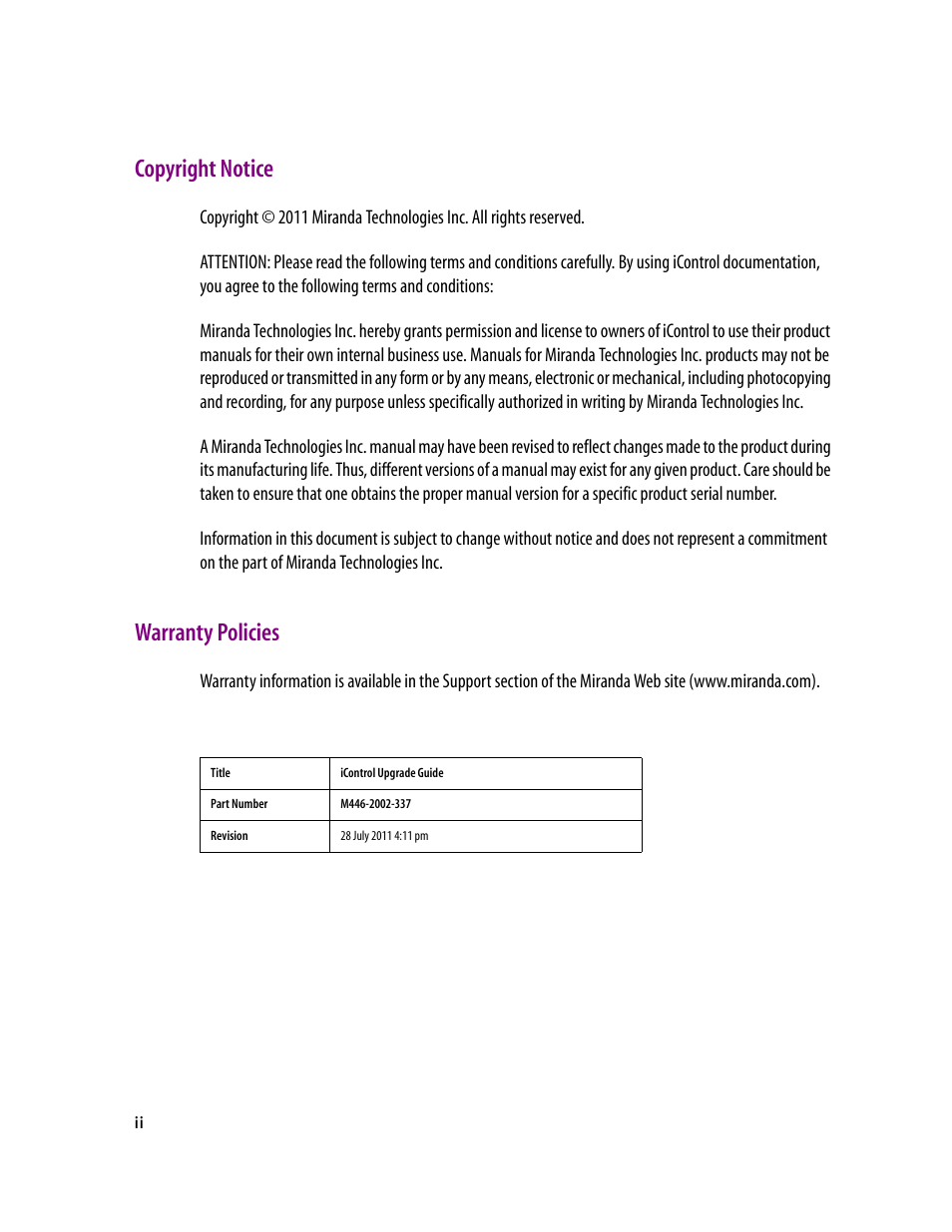 Copyright notice, Warranty policies | Grass Valley iControl Upgrade Guide User Manual | Page 2 / 17