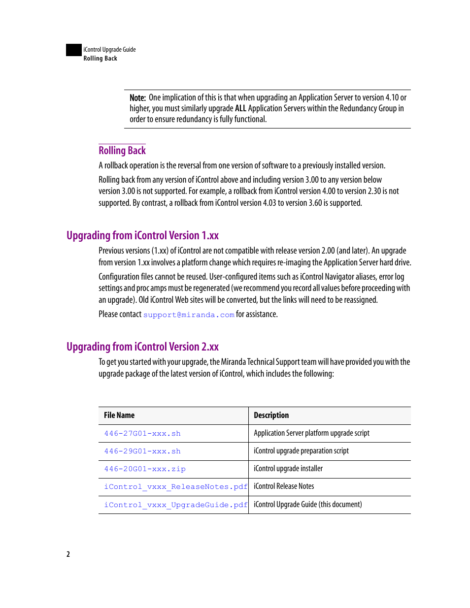 Rolling back, Upgrading from icontrol version 1.xx, Upgrading from icontrol version 2.xx | Grass Valley iControl Upgrade Guide User Manual | Page 6 / 17