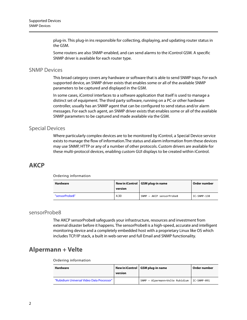 Snmp devices, Special devices, Akcp | Alpermann + velte, Snmp devices special devices, Sensorprobe8 | Grass Valley iControl Supported Devices V.2 User Manual | Page 10 / 86