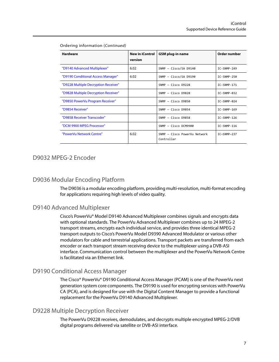 D9032 mpeg-2 encoder, D9036 modular encoding platform, D9140 advanced multiplexer | D9190 conditional access manager, D9228 multiple decryption receiver | Grass Valley iControl Supported Devices V.2 User Manual | Page 15 / 86