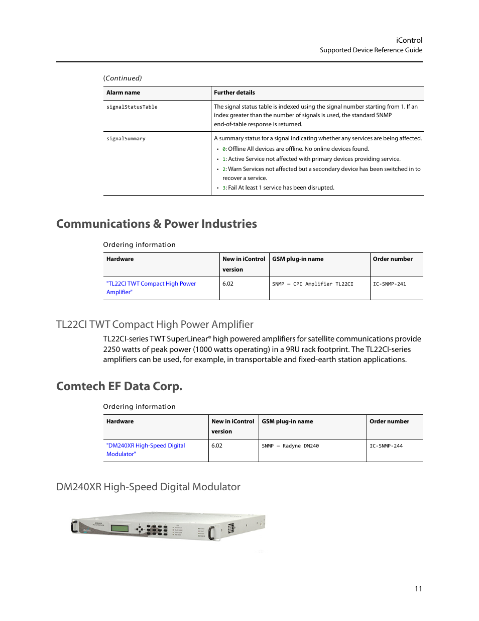Communications & power industries, Comtech ef data corp, Tl22ci twt compact high power amplifier | Dm240xr high-speed digital modulator | Grass Valley iControl Supported Devices V.2 User Manual | Page 19 / 86