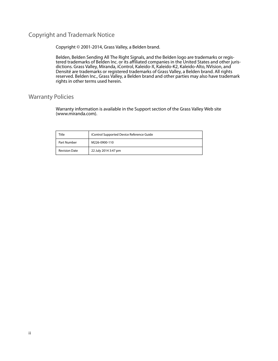Copyright and trademark notice, Warranty policies | Grass Valley iControl Supported Devices V.2 User Manual | Page 2 / 86