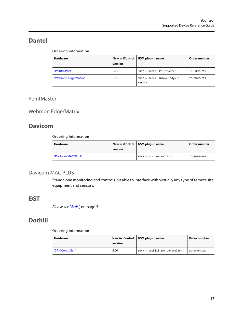 Dantel, Davicom, Dothill | Pointmaster webmon edge/matrix, Davicom mac plus, Egt dothill | Grass Valley iControl Supported Devices V.2 User Manual | Page 25 / 86