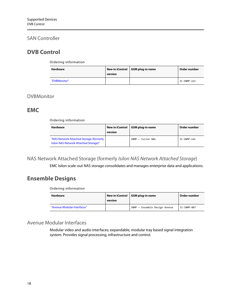 Dvb control, Ensemble designs, San controller | Dvbmonitor, Avenue modular interfaces | Grass Valley iControl Supported Devices V.2 User Manual | Page 26 / 86