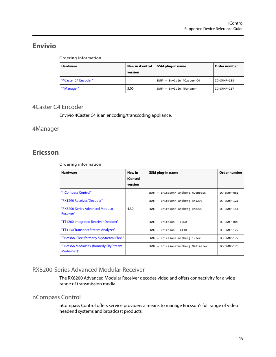 Envivio, Ericsson, 4caster c4 encoder 4manager | 4caster c4 encoder, 4manager, Rx8200-series advanced modular receiver, Ncompass control | Grass Valley iControl Supported Devices V.2 User Manual | Page 27 / 86