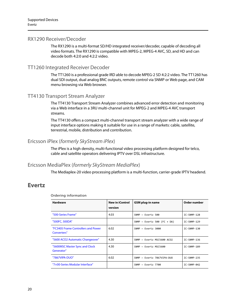 Evertz, Rx1290 receiver/decoder, Tt1260 integrated receiver decoder | Tt4130 transport stream analyzer, Ericsson iplex (formerly skystream iplex), Ericsson mediaplex (formerly skystream mediaplex), Ericsson iplex ( formerly skystream iplex ) | Grass Valley iControl Supported Devices V.2 User Manual | Page 28 / 86