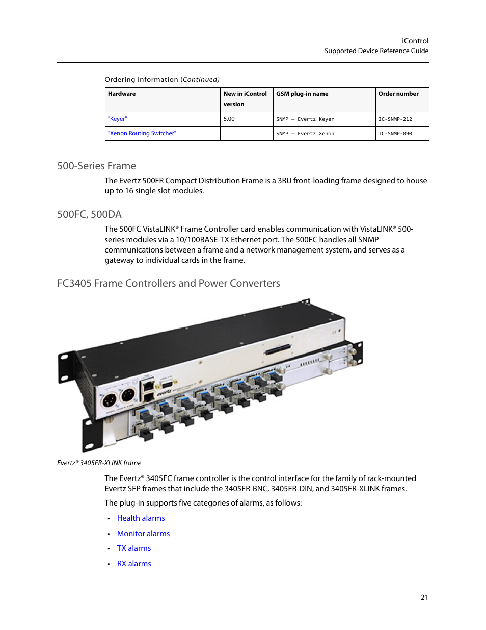 Series frame, 500fc, 500da, Fc3405 frame controllers and power converters | Grass Valley iControl Supported Devices V.2 User Manual | Page 29 / 86