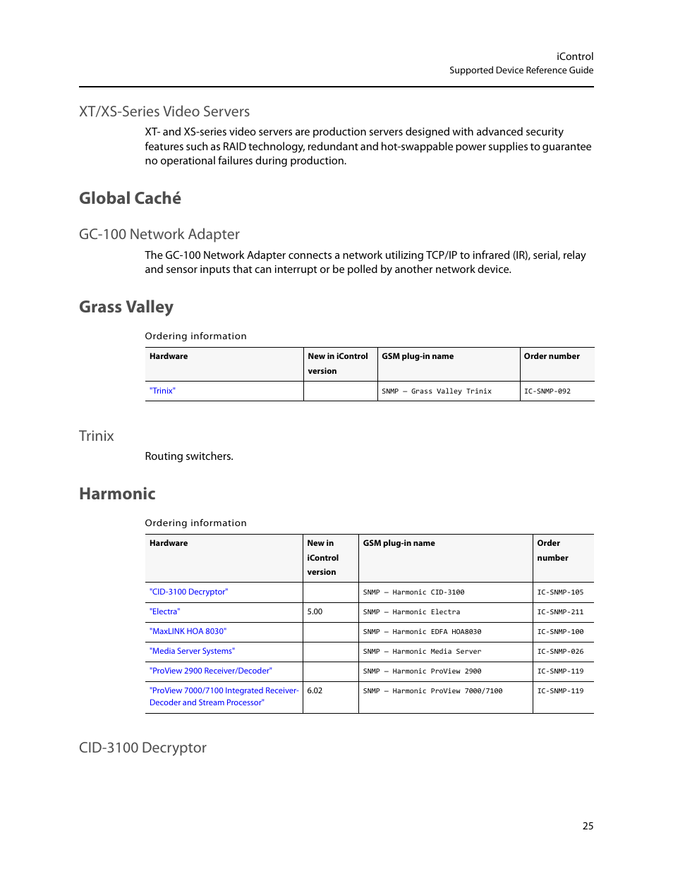 Global caché, Grass valley, Harmonic | Xt/xs-series video servers, Gc-100 network adapter, Trinix, Cid-3100 decryptor | Grass Valley iControl Supported Devices V.2 User Manual | Page 33 / 86