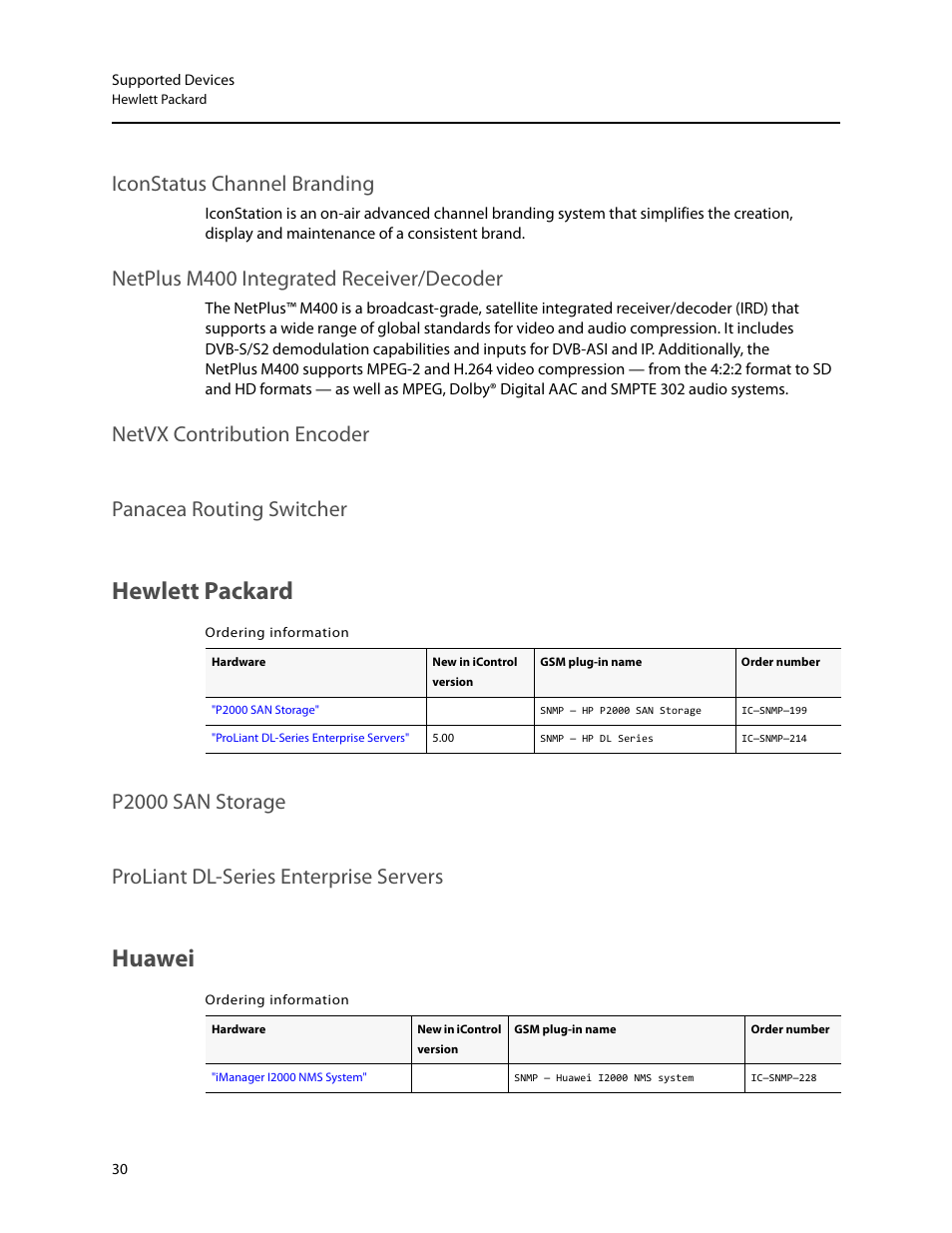 Hewlett packard, Huawei, Iconstatus channel branding | Netplus m400 integrated receiver/decoder, Netvx contribution encoder, Panacea routing switcher | Grass Valley iControl Supported Devices V.2 User Manual | Page 38 / 86