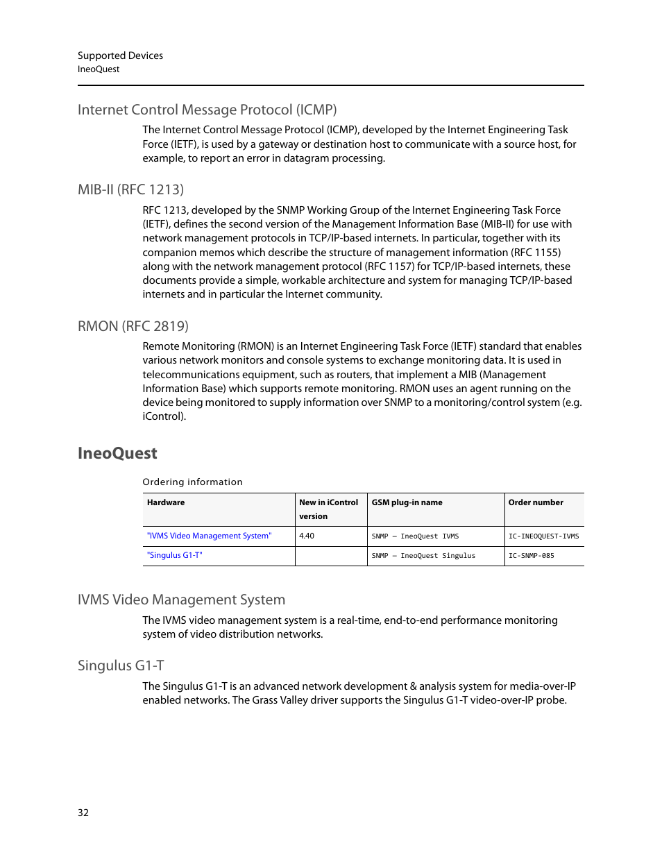 Ineoquest, Ivms video management system singulus g1-t, Internet control message protocol (icmp) | Mib-ii (rfc 1213), Rmon (rfc 2819), Ivms video management system, Singulus g1-t | Grass Valley iControl Supported Devices V.2 User Manual | Page 40 / 86
