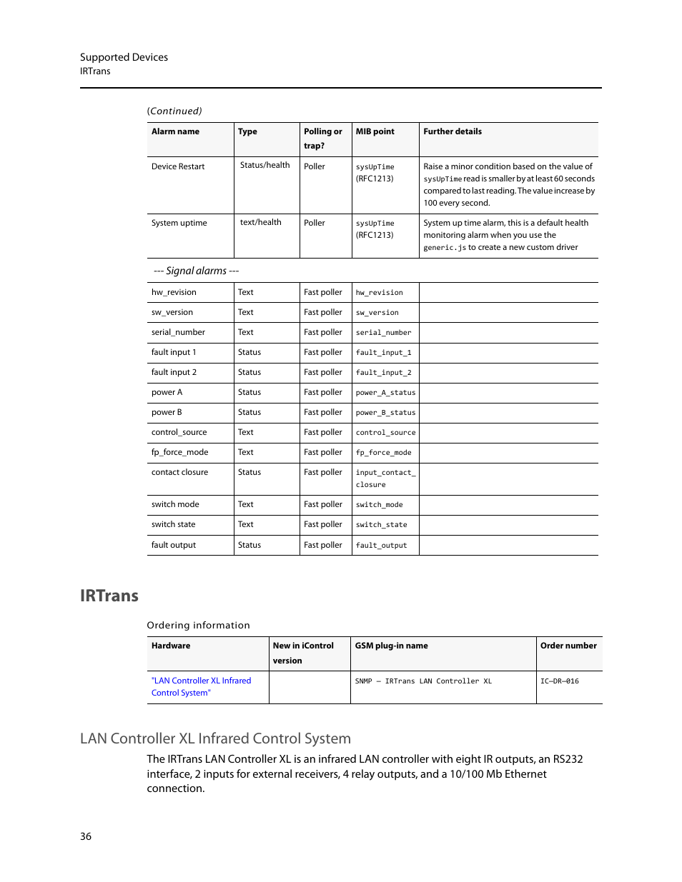 Irtrans, Lan controller xl infrared control system, Signal alarms | Grass Valley iControl Supported Devices V.2 User Manual | Page 44 / 86