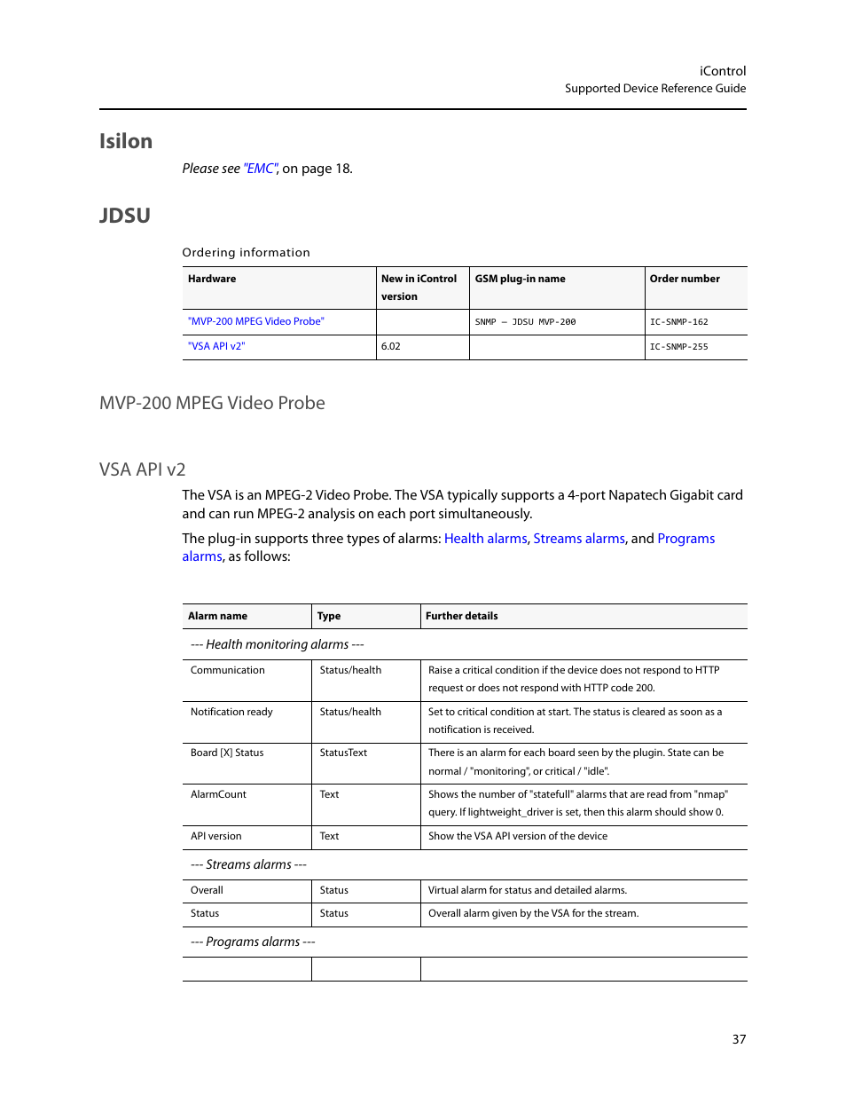 Isilon, Jdsu, Isilon jdsu | Mvp-200 mpeg video probe vsa api v2 | Grass Valley iControl Supported Devices V.2 User Manual | Page 45 / 86