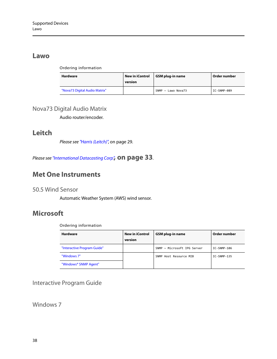 Lawo, Leitch, Met one instruments | Microsoft, Nova73 digital audio matrix, Leitch please see, 5 wind sensor, Interactive program guide windows 7, On page 33 | Grass Valley iControl Supported Devices V.2 User Manual | Page 46 / 86