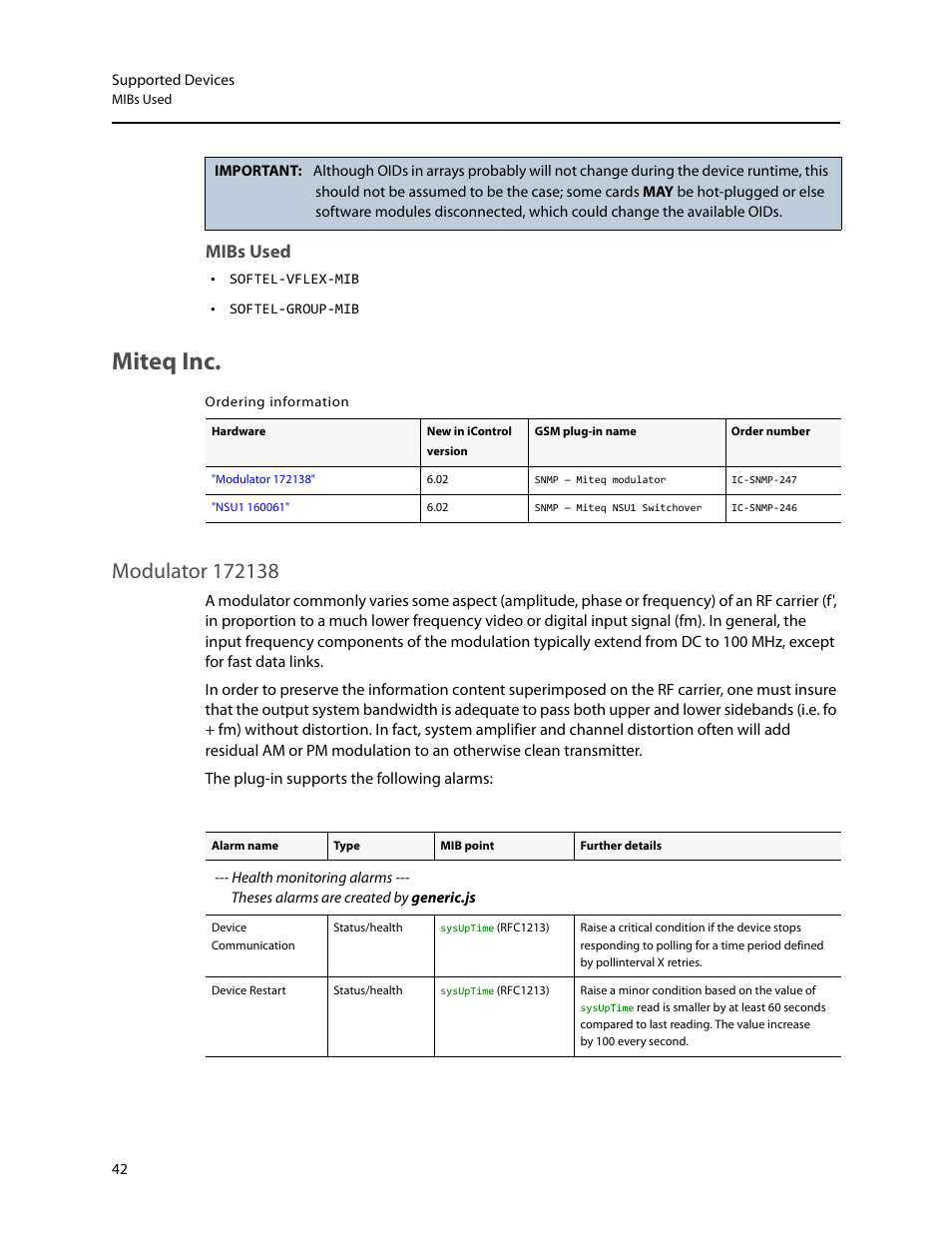 Mibs used, Miteq inc, Modulator 172138 | Grass Valley iControl Supported Devices V.2 User Manual | Page 50 / 86