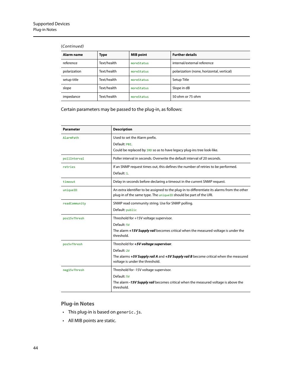 Plug-in notes, This plug-in is based on, All mib points are static | Grass Valley iControl Supported Devices V.2 User Manual | Page 52 / 86