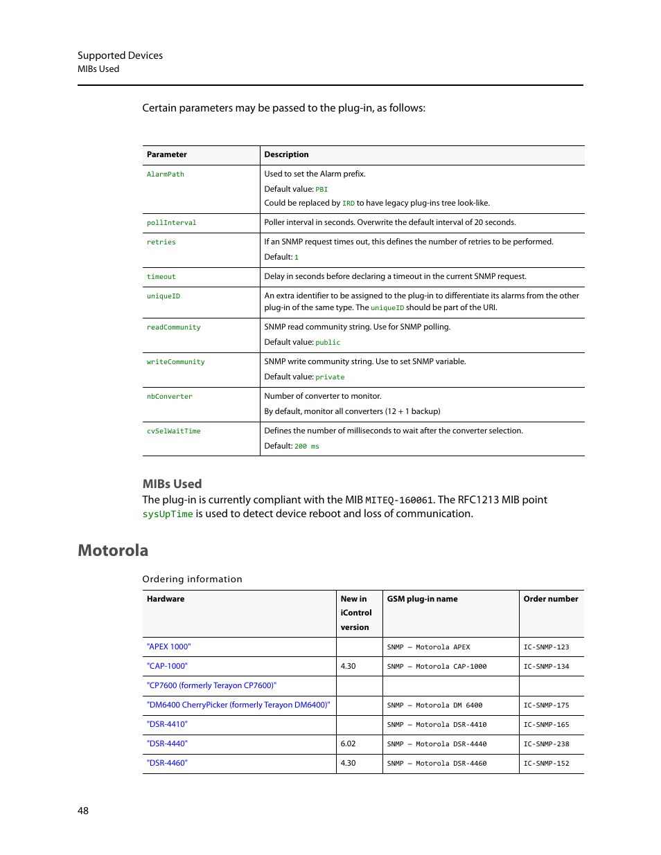Mibs used, Motorola, The plug-in is currently compliant with the mib | The rfc1213 mib point | Grass Valley iControl Supported Devices V.2 User Manual | Page 56 / 86
