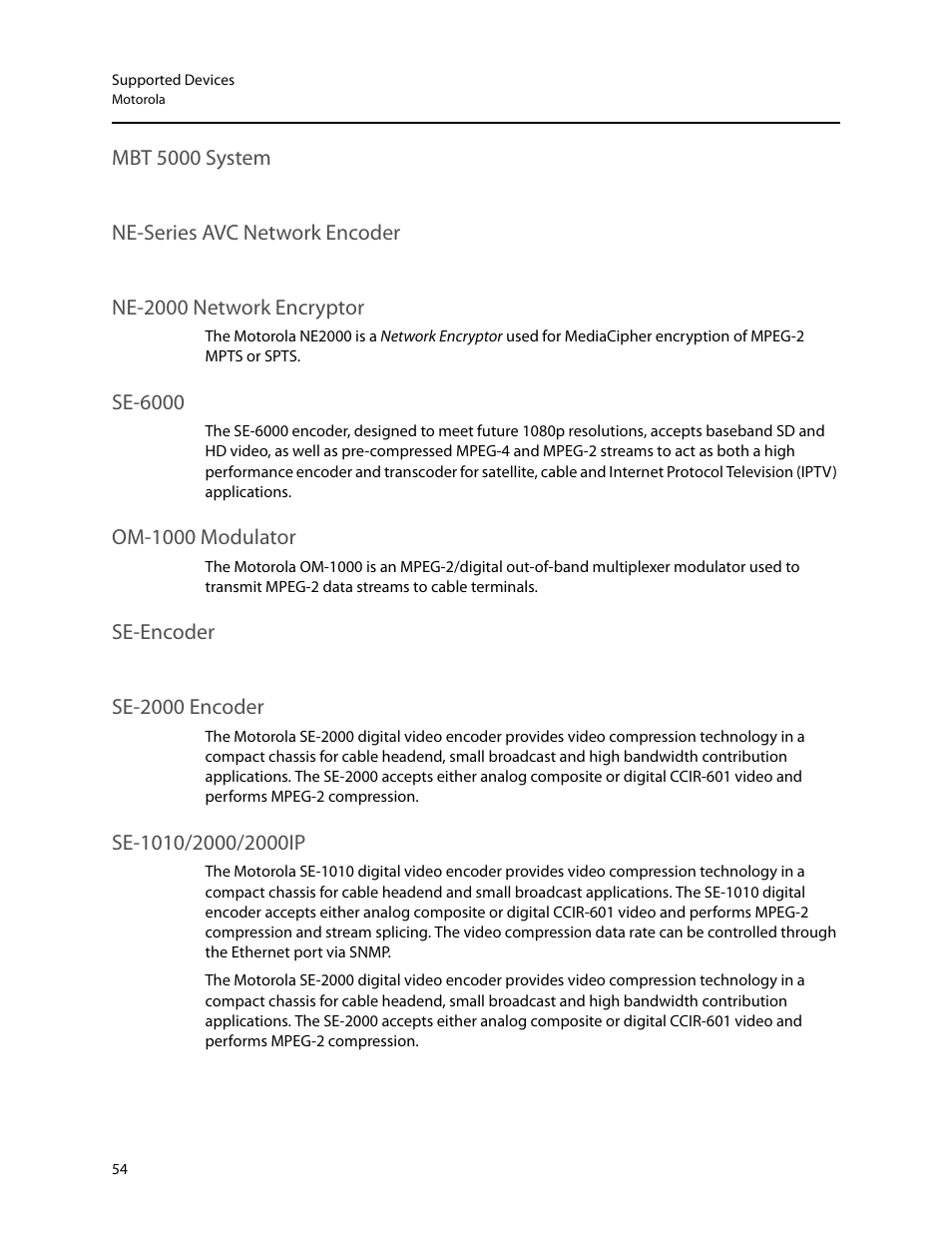Mbt 5000 system, Ne-series avc network encoder, Ne-2000 network encryptor | Se-6000, Om-1000 modulator, Se-encoder, Se-2000 encoder | Grass Valley iControl Supported Devices V.2 User Manual | Page 62 / 86