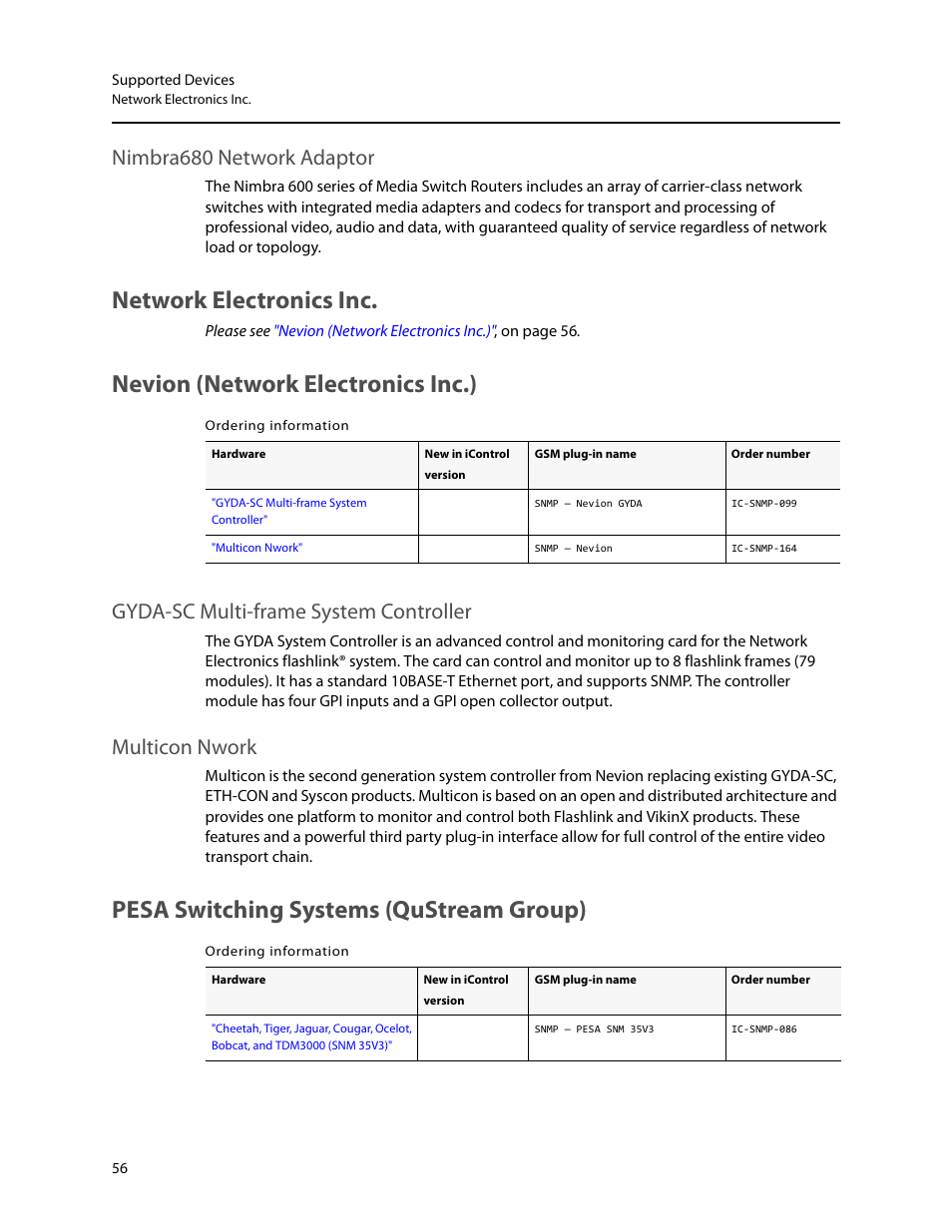 Network electronics inc, Nevion (network electronics inc.), Pesa switching systems (qustream group) | Nimbra680 network adaptor, Gyda-sc multi-frame system controller, Multicon nwork | Grass Valley iControl Supported Devices V.2 User Manual | Page 64 / 86