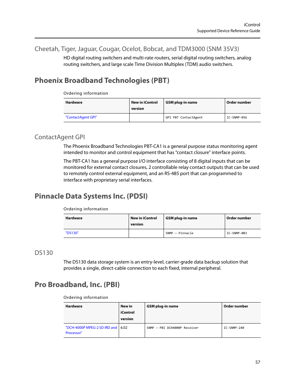Phoenix broadband technologies (pbt), Pinnacle data systems inc. (pdsi), Pro broadband, inc. (pbi) | Contactagent gpi, Ds130 | Grass Valley iControl Supported Devices V.2 User Manual | Page 65 / 86