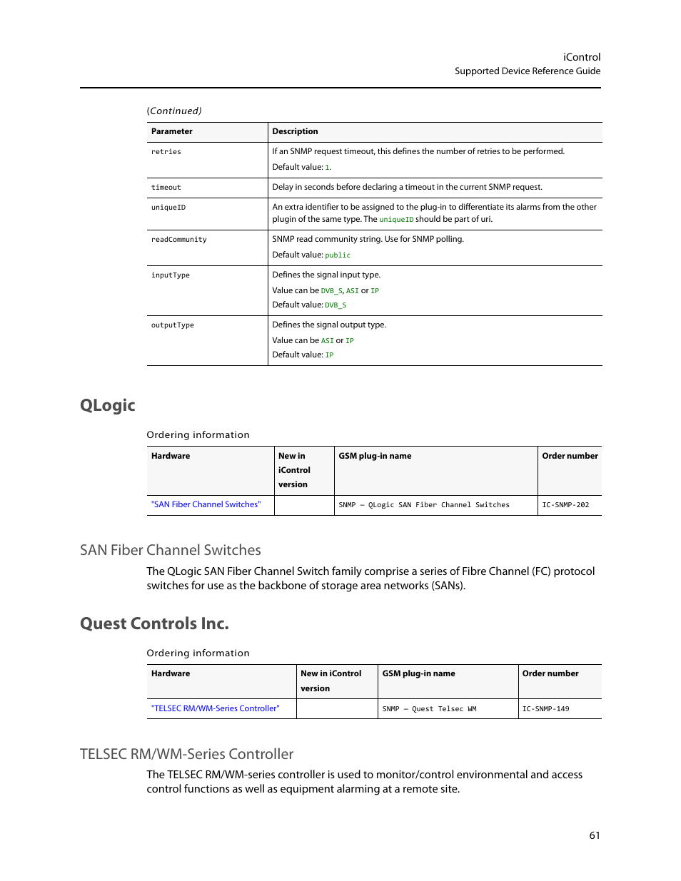 Qlogic, Quest controls inc, San fiber channel switches | Telsec rm/wm-series controller | Grass Valley iControl Supported Devices V.2 User Manual | Page 69 / 86