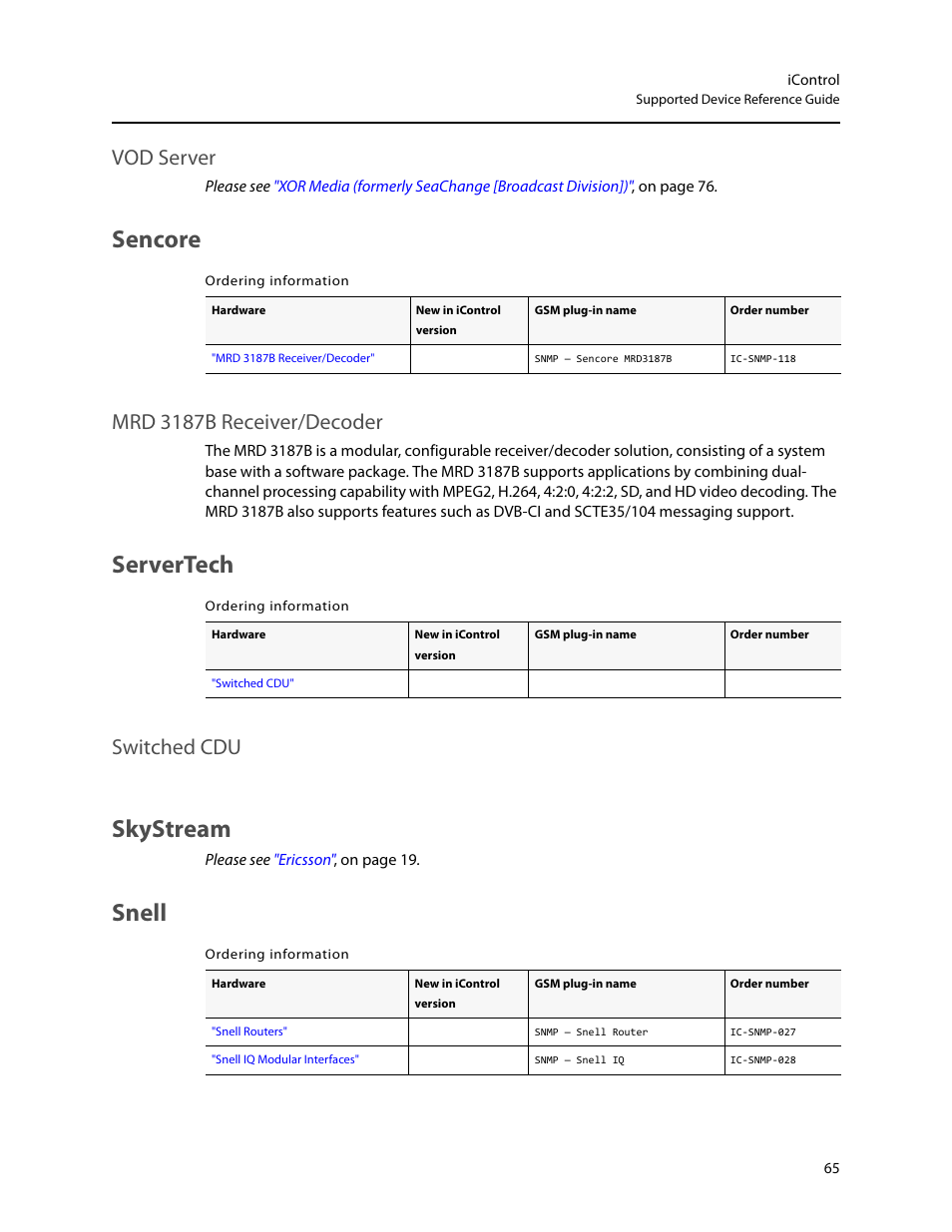 Sencore, Servertech, Skystream | Snell, Vod server, Mrd 3187b receiver/decoder, Switched cdu | Grass Valley iControl Supported Devices V.2 User Manual | Page 73 / 86