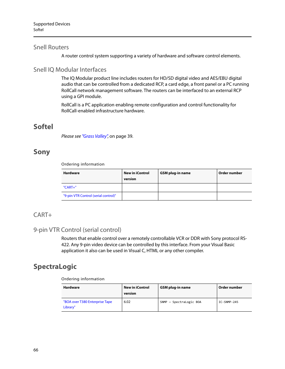Softel, Sony, Spectralogic | Snell routers snell iq modular interfaces, Softel sony, Cart+ 9-pin vtr control (serial control), Snell routers, Snell iq modular interfaces | Grass Valley iControl Supported Devices V.2 User Manual | Page 74 / 86