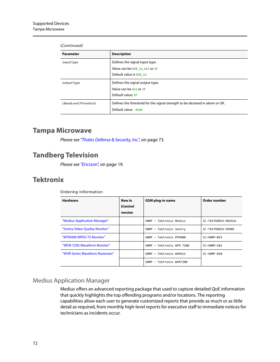 Tampa microwave, Tandberg television, Tektronix | Tampa microwave tandberg television tektronix, Medius application manager | Grass Valley iControl Supported Devices V.2 User Manual | Page 80 / 86