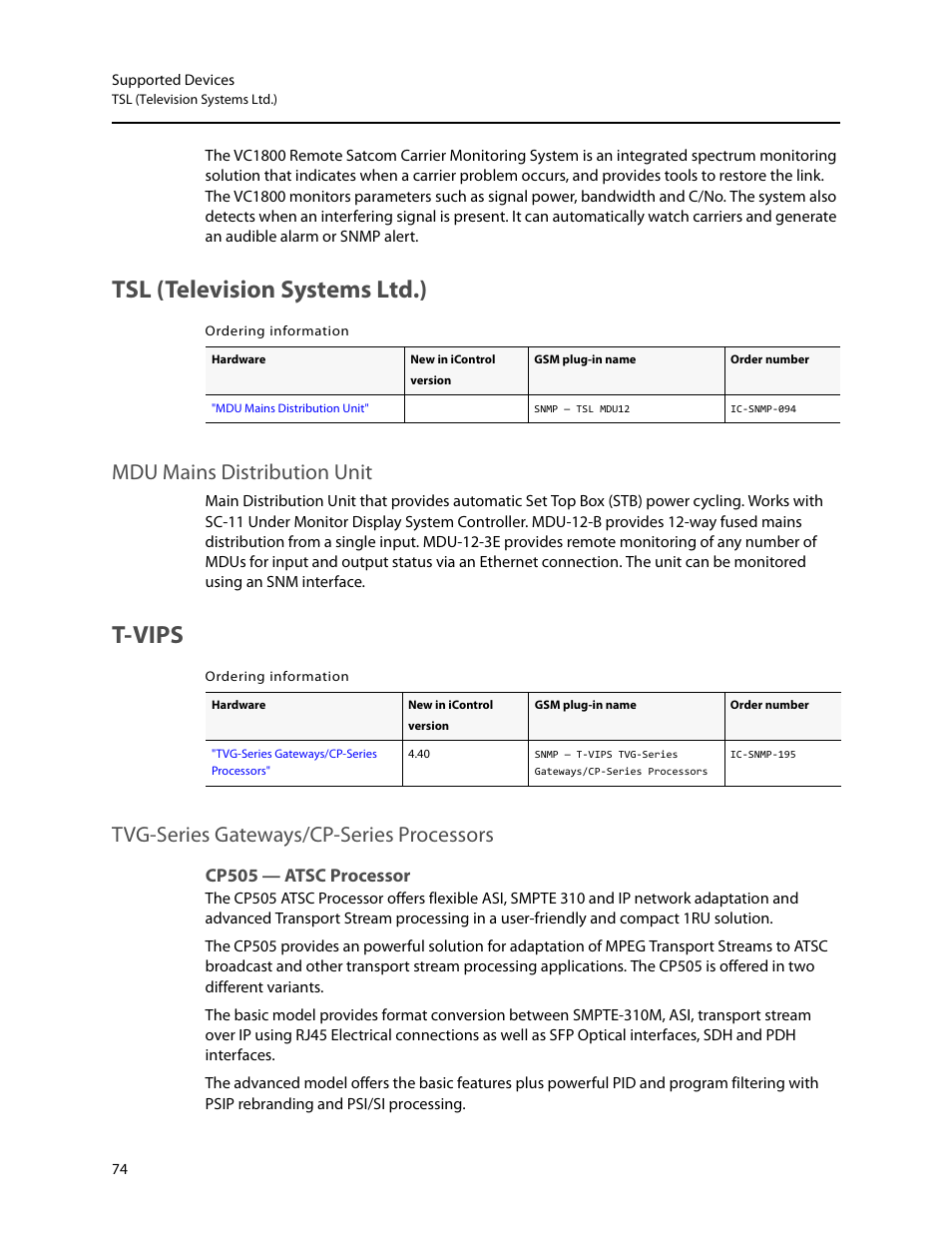 Tsl (television systems ltd.), T-vips, Cp505 — atsc processor | Mdu mains distribution unit, Tvg-series gateways/cp-series processors | Grass Valley iControl Supported Devices V.2 User Manual | Page 82 / 86