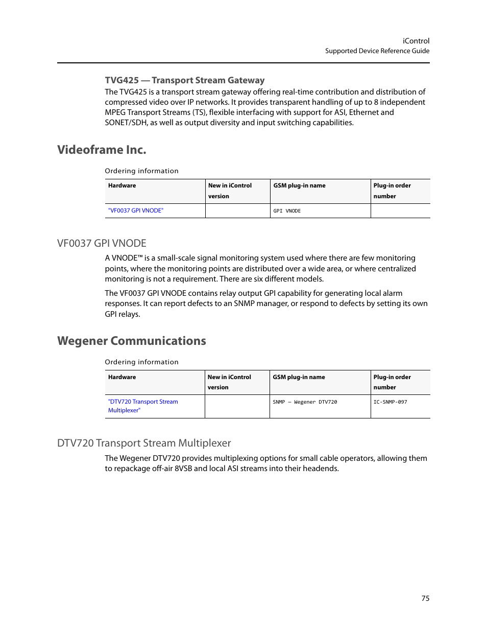 Tvg425 — transport stream gateway, Videoframe inc, Wegener communications | Vf0037 gpi vnode, Dtv720 transport stream multiplexer | Grass Valley iControl Supported Devices V.2 User Manual | Page 83 / 86