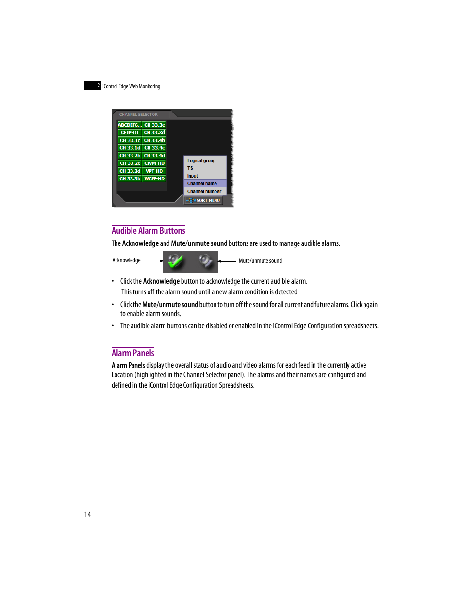 Audible alarm buttons, Alarm panels, Audible alarm buttons alarm panels | Grass Valley iControlEdge v.1.20 User Manual | Page 18 / 62