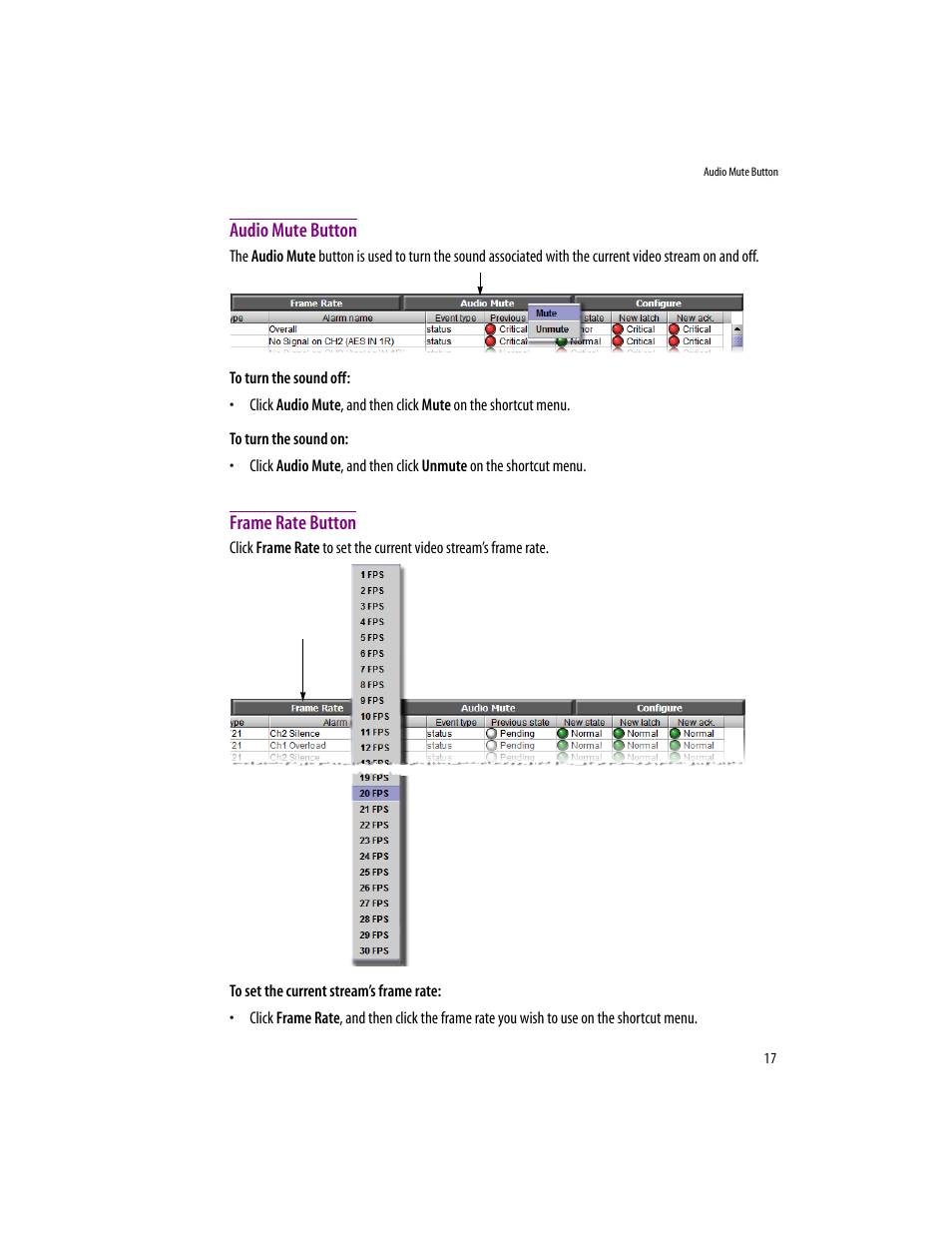 Audio mute button, Frame rate button, Audio mute button frame rate button | Grass Valley iControlEdge v.1.20 User Manual | Page 21 / 62