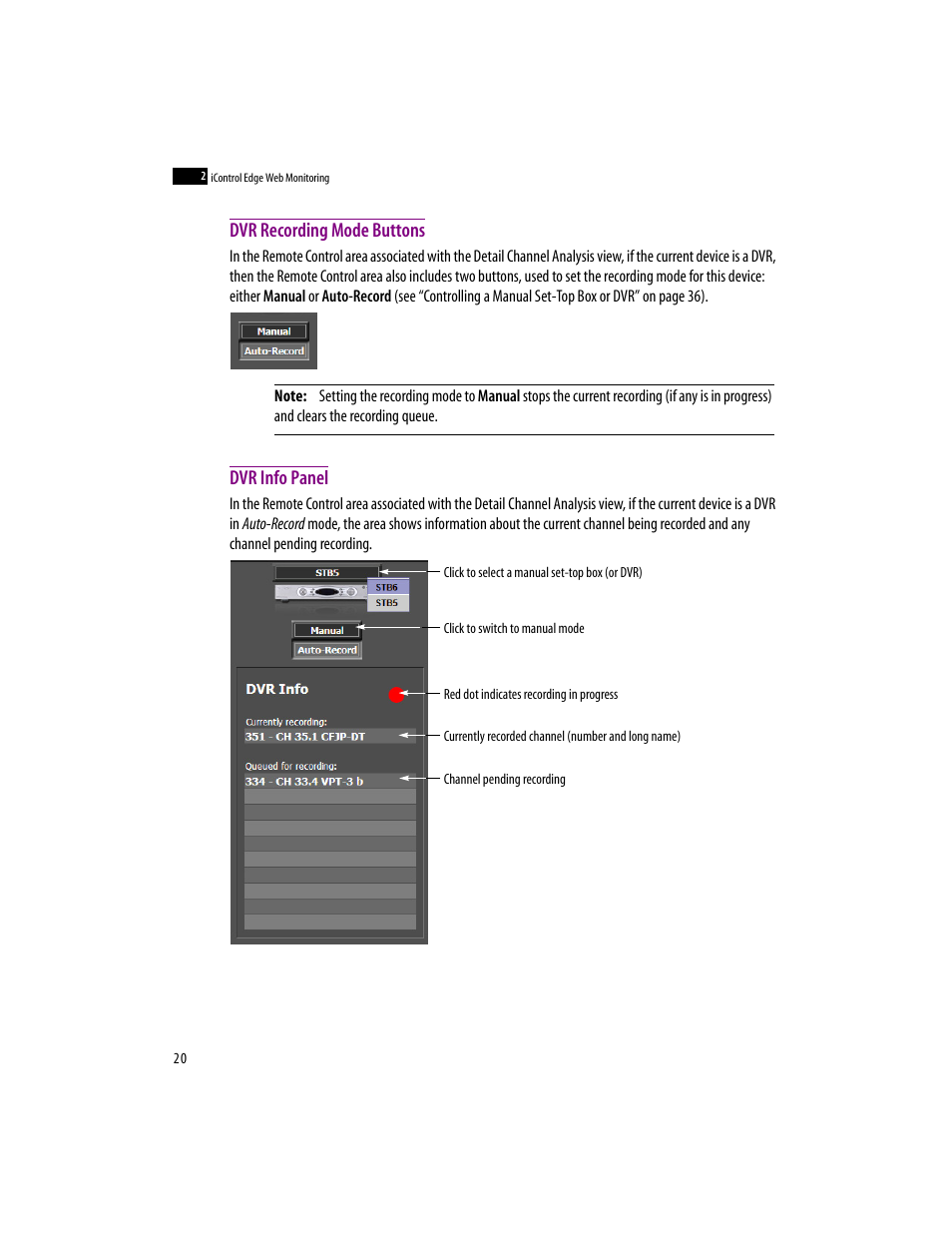 Dvr recording mode buttons, Dvr info panel, Dvr recording mode buttons dvr info panel | Grass Valley iControlEdge v.1.20 User Manual | Page 24 / 62