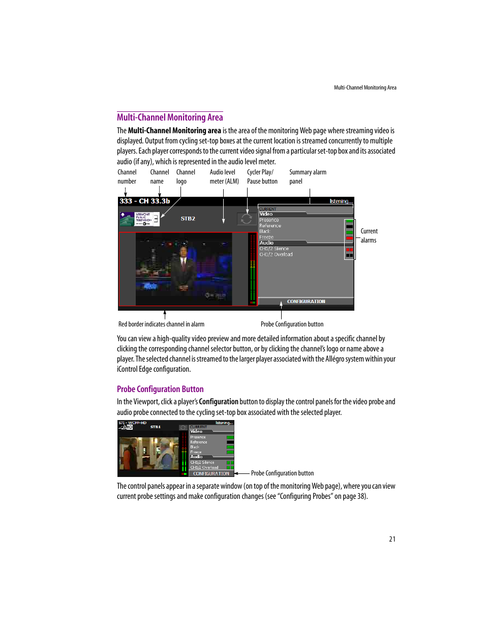 Multi-channel monitoring area, Probe configuration button | Grass Valley iControlEdge v.1.20 User Manual | Page 25 / 62