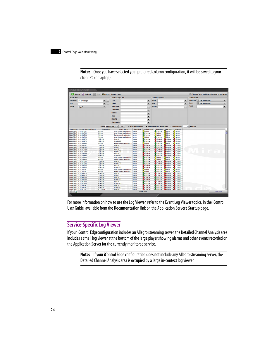 Service-specific log viewer | Grass Valley iControlEdge v.1.20 User Manual | Page 28 / 62