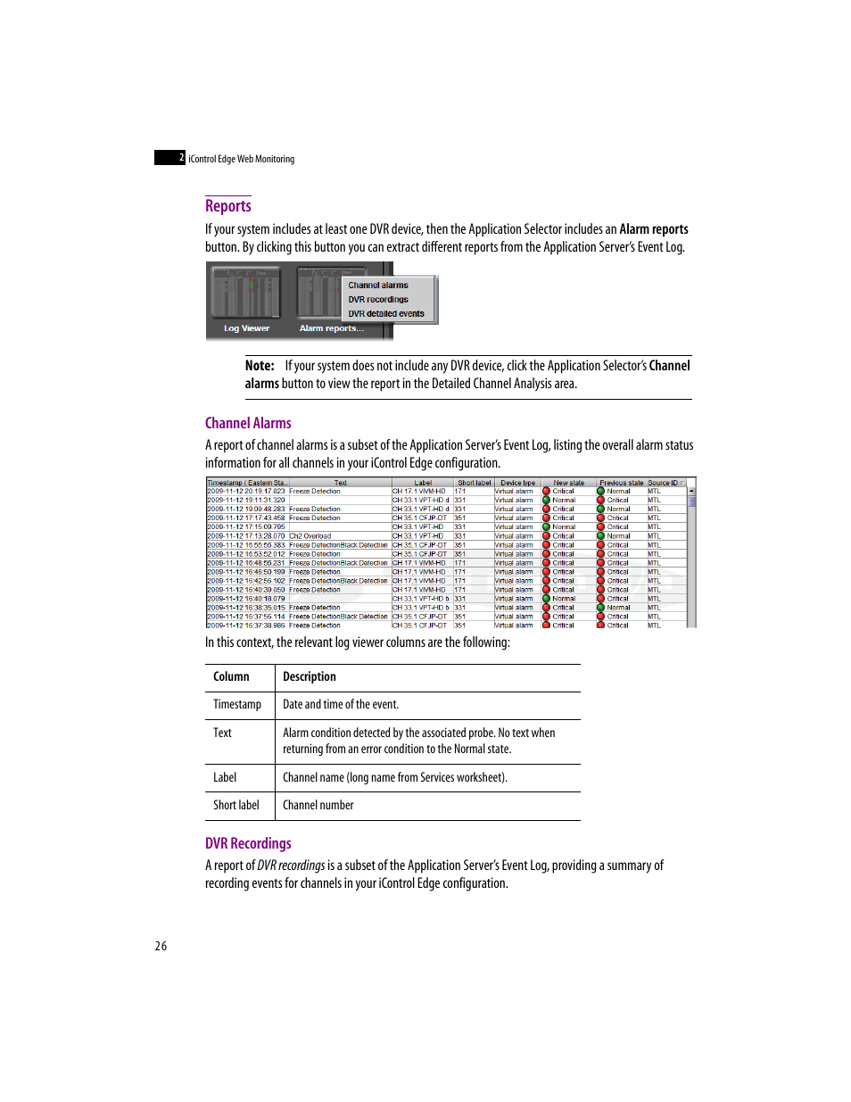 Reports, Channel alarms, Dvr recordings | Grass Valley iControlEdge v.1.20 User Manual | Page 30 / 62