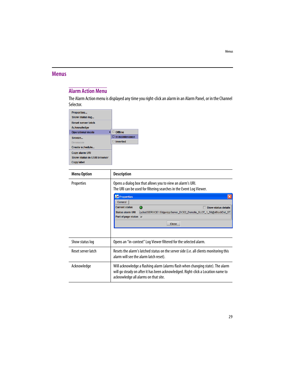 Menus, Alarm action menu | Grass Valley iControlEdge v.1.20 User Manual | Page 33 / 62