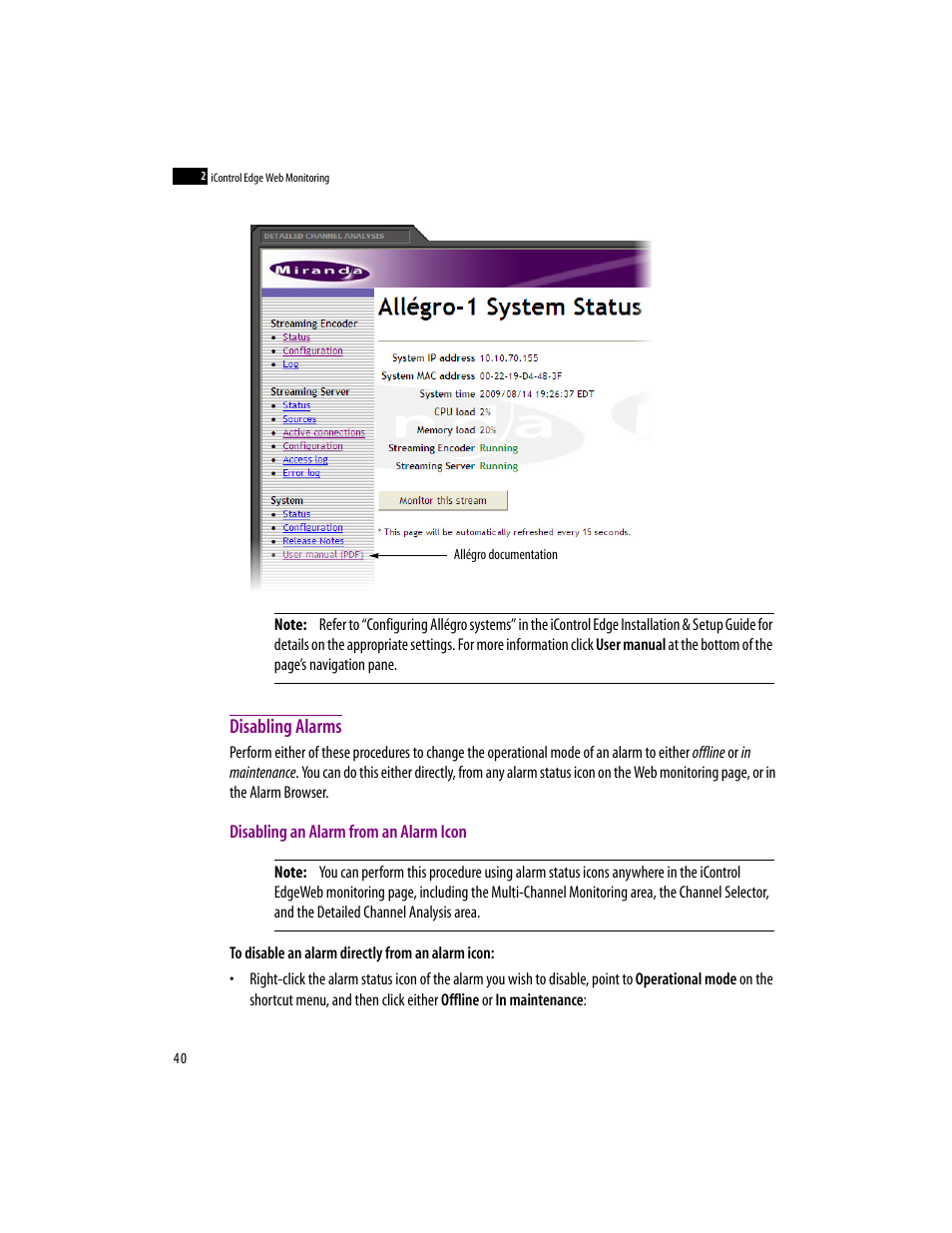 Disabling alarms, Disabling an alarm from an alarm icon | Grass Valley iControlEdge v.1.20 User Manual | Page 44 / 62