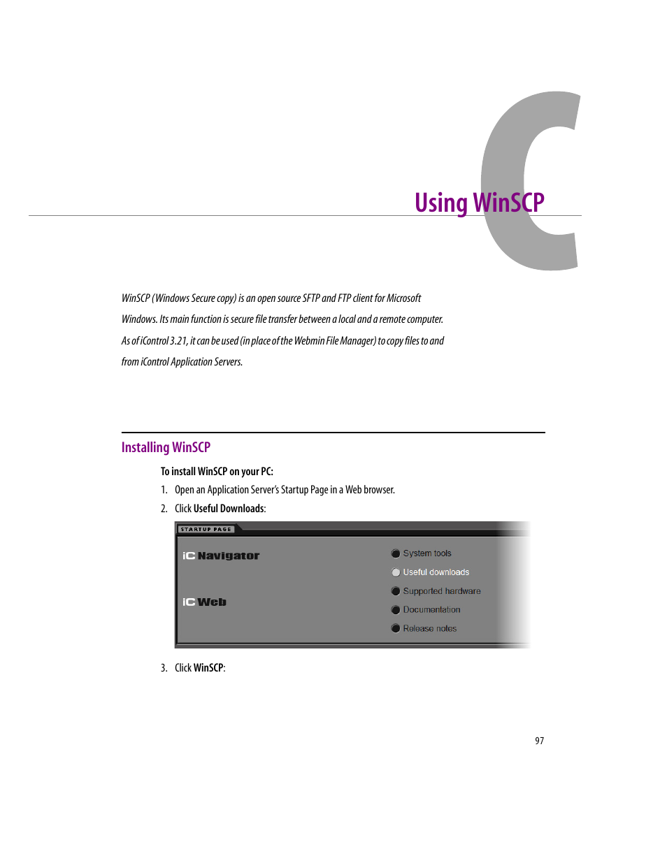 Using winscp, Installing winscp, Appendix c: using winscp | Grass Valley iControlEdge v.1.20 Installation User Manual | Page 101 / 110
