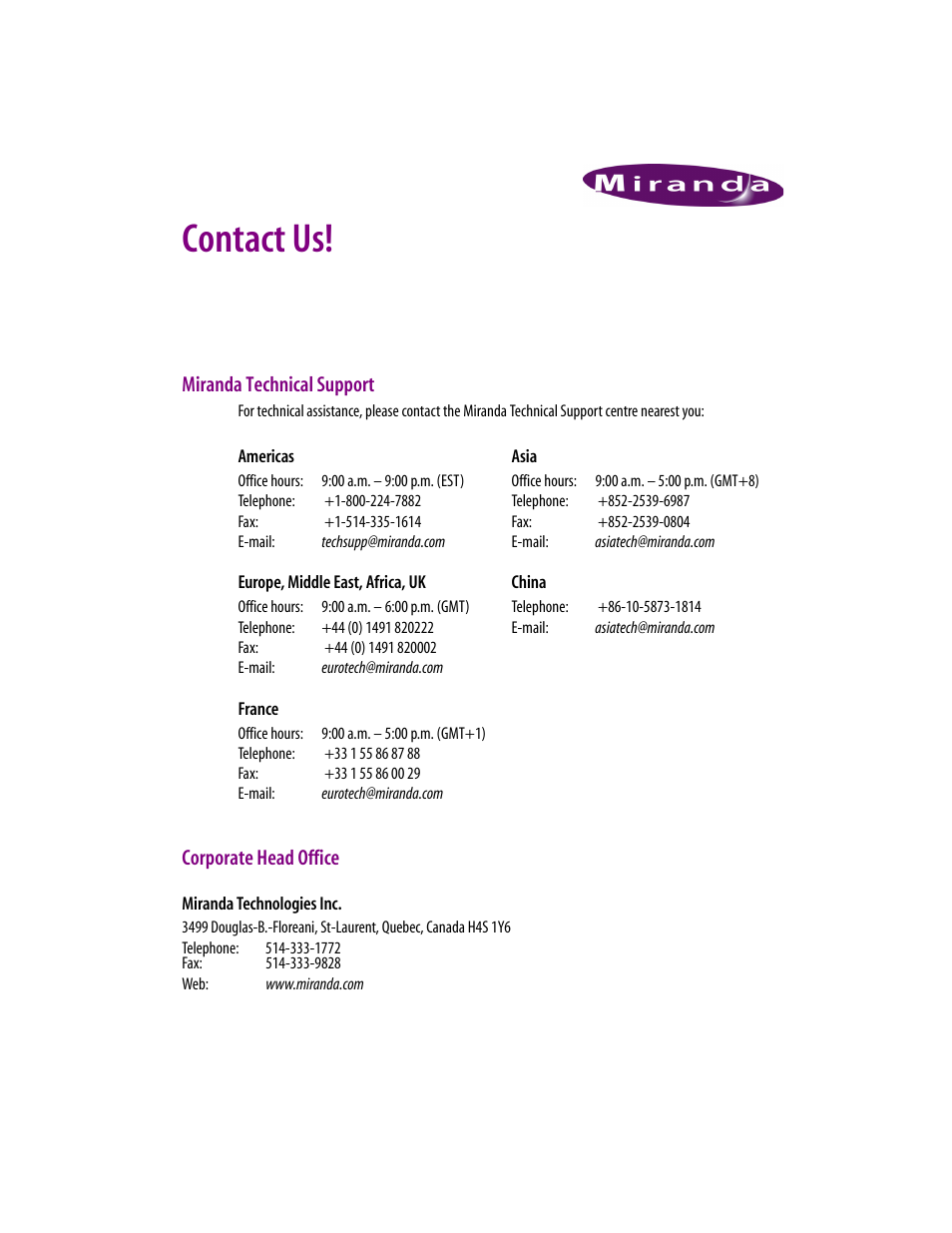 Contact us | Grass Valley iControlEdge v.1.20 Installation User Manual | Page 109 / 110