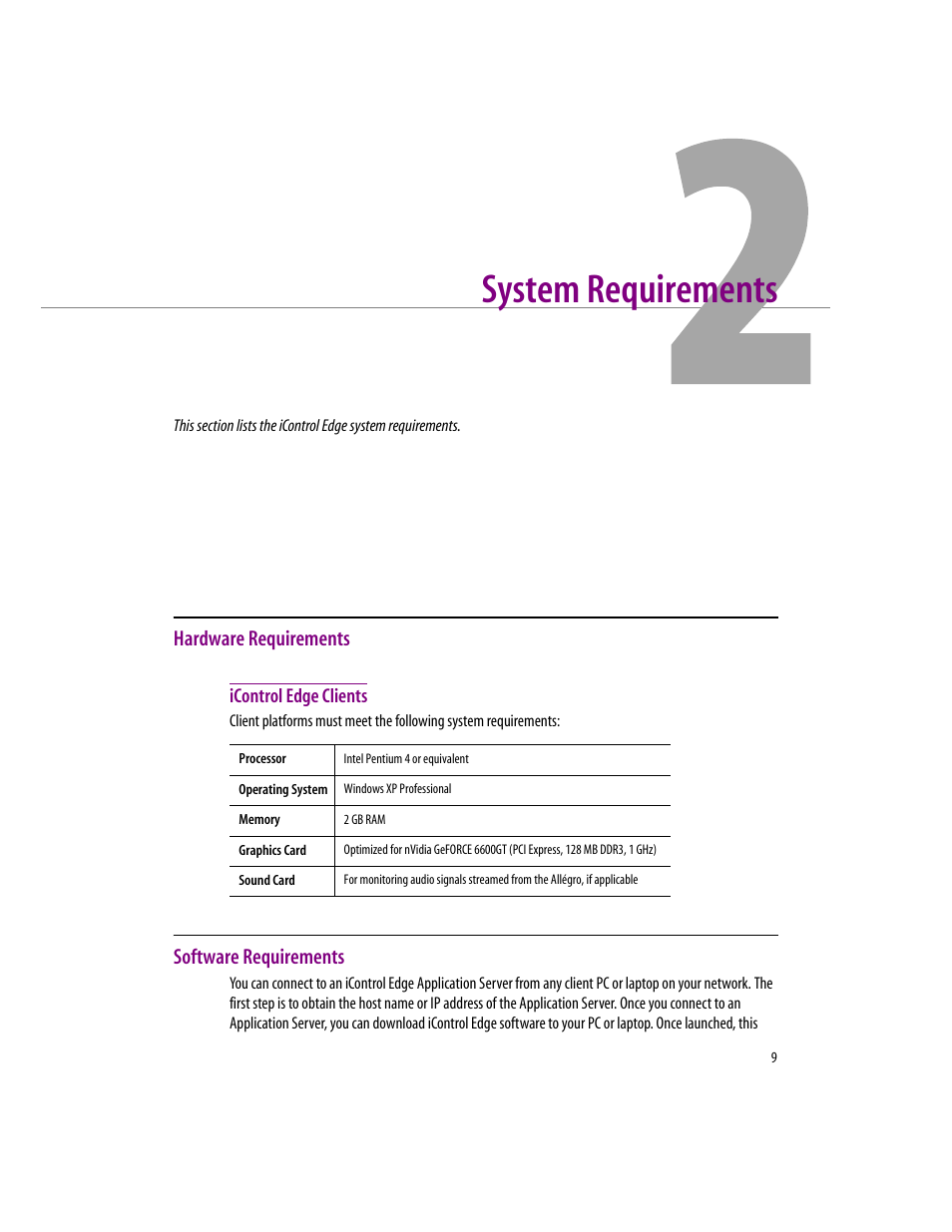 System requirements, Hardware requirements, Icontrol edge clients | Software requirements, 2 system requirements | Grass Valley iControlEdge v.1.20 Installation User Manual | Page 13 / 110