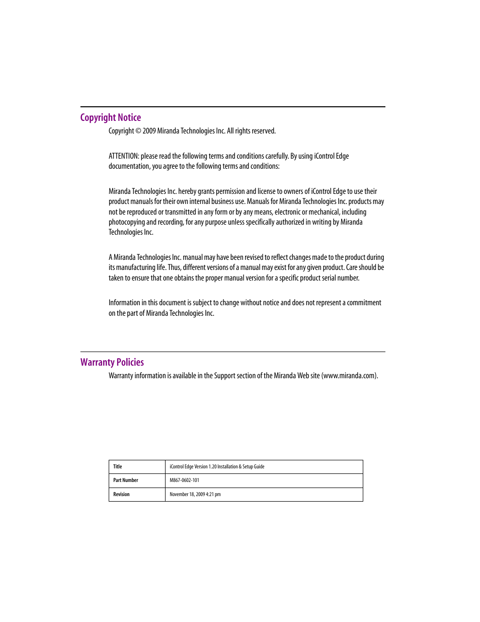 Copyright notice, Warranty policies | Grass Valley iControlEdge v.1.20 Installation User Manual | Page 2 / 110